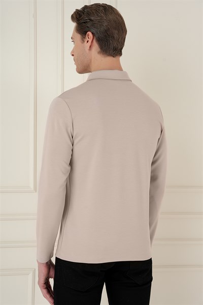 Slim Fit Pamuklu Uzun Kollu Düğmeli Bej Polo Yaka Tişört TS 893
