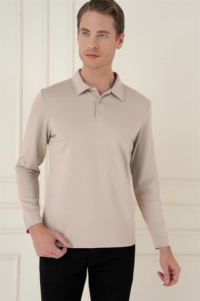 Slim Fit Pamuklu Uzun Kollu Düğmeli Bej Polo Yaka Tişört TS 893