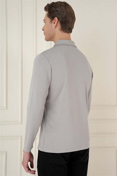Slim Fit Pamuklu Uzun Kollu Düğmeli Gri Polo Yaka Tişört TS 893