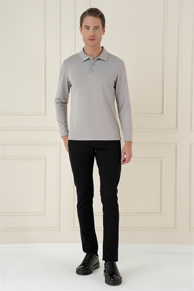 Slim Fit Pamuklu Uzun Kollu Düğmeli Gri Polo Yaka Tişört TS 893
