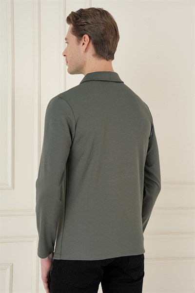 Slim Fit Pamuklu Uzun Kollu Düğmeli Haki Polo Yaka Tişört TS 893