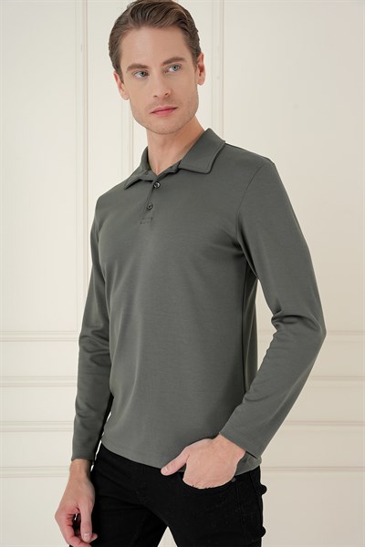 Slim Fit Pamuklu Uzun Kollu Düğmeli Haki Polo Yaka Tişört TS 893