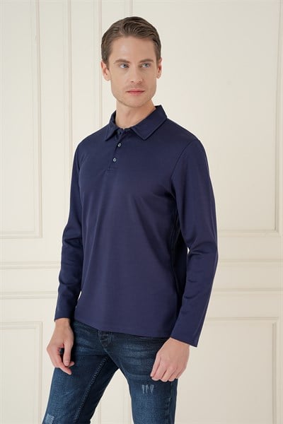 Slim Fit Pamuklu Uzun Kollu Düğmeli Lacivert Polo Yaka Tişört TS 893