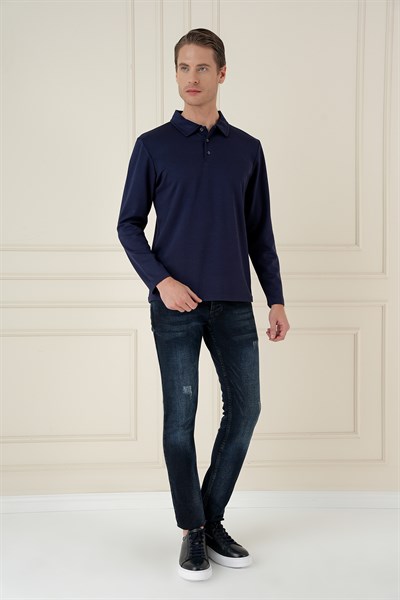Slim Fit Pamuklu Uzun Kollu Düğmeli Lacivert Polo Yaka Tişört TS 893