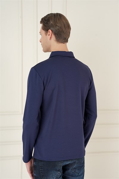 Slim Fit Pamuklu Uzun Kollu Düğmeli Lacivert Polo Yaka Tişört TS 893