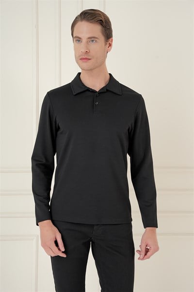 Slim Fit Pamuklu Uzun Kollu Düğmeli Siyah Polo Yaka Tişört TS 893