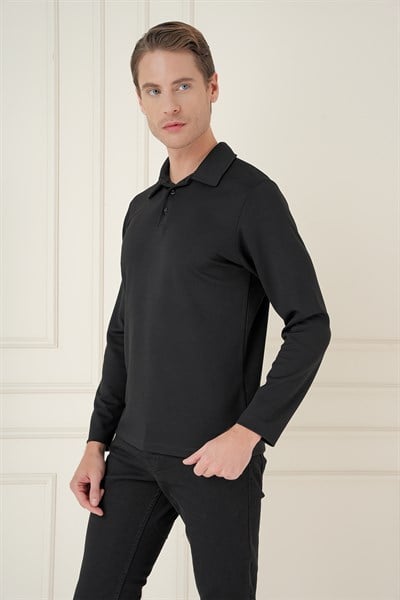 Slim Fit Pamuklu Uzun Kollu Düğmeli Siyah Polo Yaka Tişört TS 893