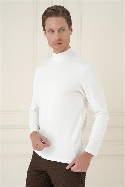 Slim Fit Pamuklu Uzun Kollu Ekru Yarım Boğazlı Tişört TS 894