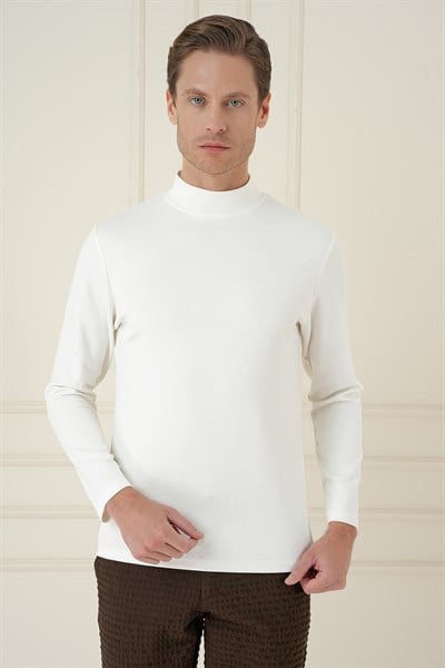Slim Fit Pamuklu Uzun Kollu Ekru Yarım Boğazlı Tişört TS 894