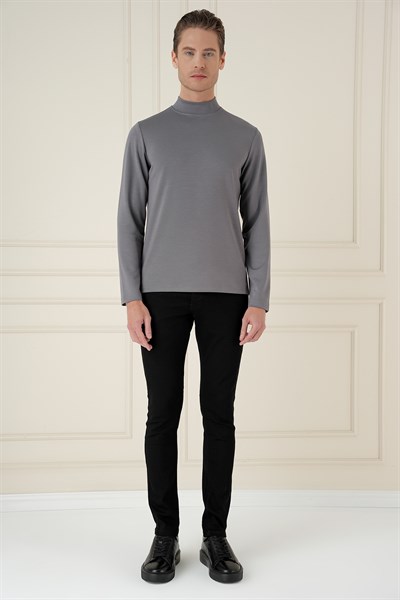 Slim Fit Pamuklu Uzun Kollu Füme Yarım Boğazlı Tişört TS 894