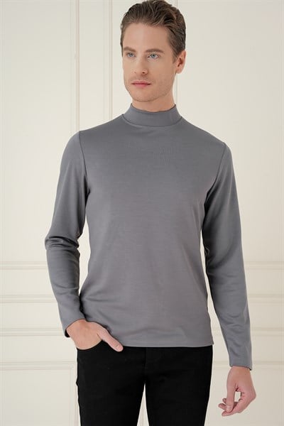 Slim Fit Pamuklu Uzun Kollu Füme Yarım Boğazlı Tişört TS 894
