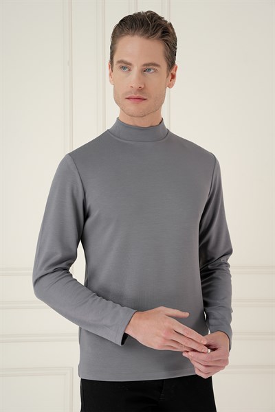 Slim Fit Pamuklu Uzun Kollu Füme Yarım Boğazlı Tişört TS 894