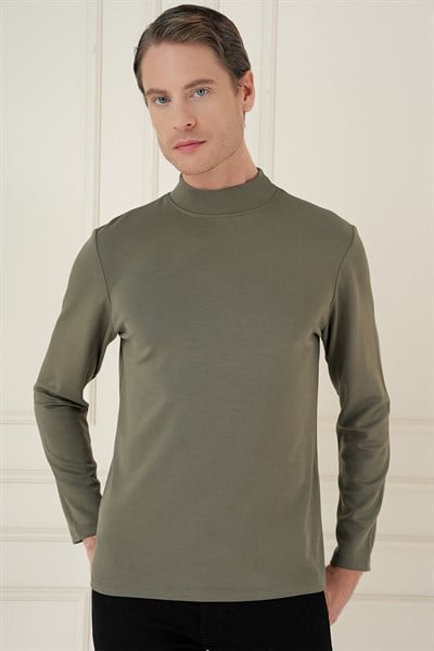 Slim Fit Pamuklu Uzun Kollu Haki Yarım Boğazlı Tişört TS 894