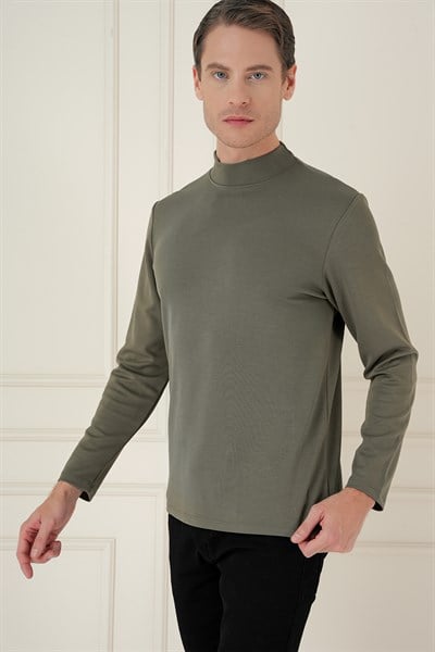 Slim Fit Pamuklu Uzun Kollu Haki Yarım Boğazlı Tişört TS 894