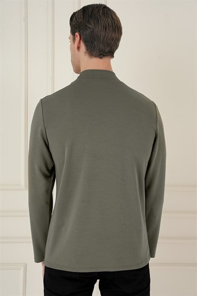 Slim Fit Pamuklu Uzun Kollu Haki Yarım Boğazlı Tişört TS 894