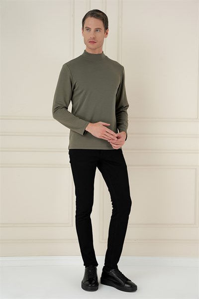 Slim Fit Pamuklu Uzun Kollu Haki Yarım Boğazlı Tişört TS 894