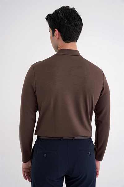 Slim Fit Pamuklu Uzun Kollu Kakao Yarım Boğazlı Tişört TS 894