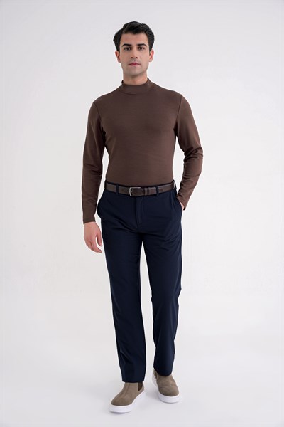 Slim Fit Pamuklu Uzun Kollu Kakao Yarım Boğazlı Tişört TS 894