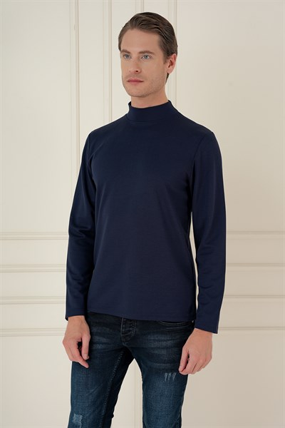 Slim Fit Pamuklu Uzun Kollu Lacivert Yarım Boğazlı Tişört TS 894