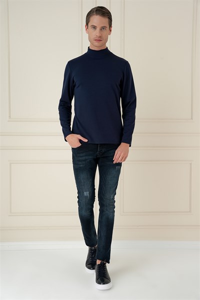Slim Fit Pamuklu Uzun Kollu Lacivert Yarım Boğazlı Tişört TS 894
