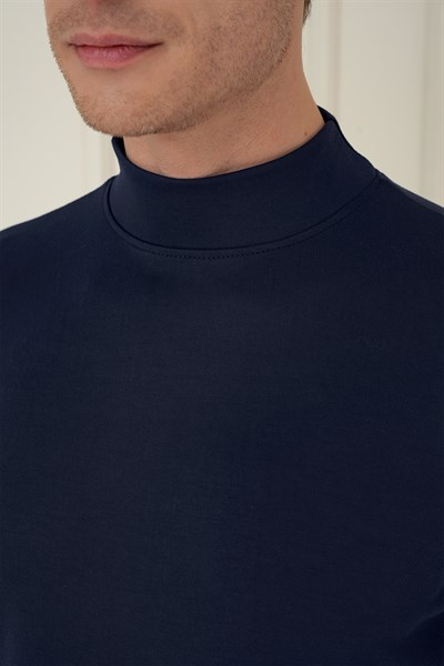 Slim Fit Pamuklu Uzun Kollu Lacivert Yarım Boğazlı Tişört TS 894