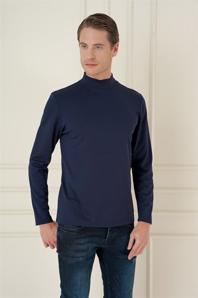 Slim Fit Pamuklu Uzun Kollu Lacivert Yarım Boğazlı Tişört TS 894