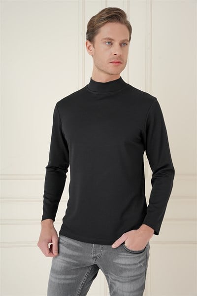 Slim Fit Pamuklu Uzun Kollu Siyah Yarım Boğazlı Tişört TS 894