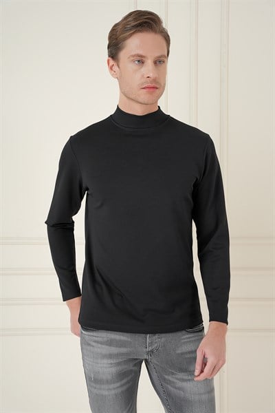 Slim Fit Pamuklu Uzun Kollu Siyah Yarım Boğazlı Tişört TS 894