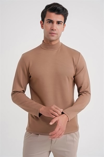 Slim Fit Pamuklu Uzun Kollu Vizon Yarım Boğazlı Tişört TS 894