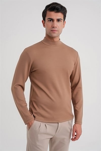 Slim Fit Pamuklu Uzun Kollu Vizon Yarım Boğazlı Tişört TS 894
