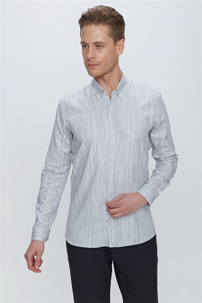 Slim Fit Petek Desenli Yaka Düğmeli %100 Pamuk Beyaz Gömlek GK 661