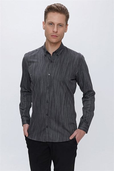 Slim Fit Petek Desenli Yaka Düğmeli %100 Pamuk Siyah Gömlek GK 661