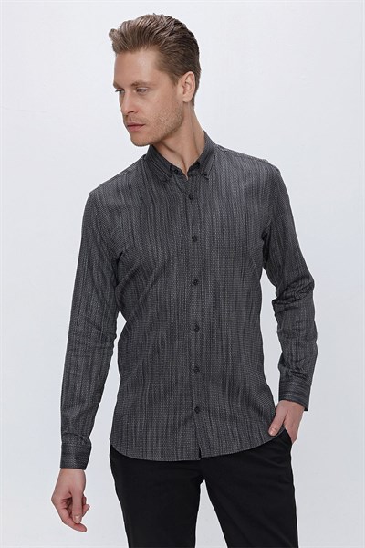 Slim Fit Petek Desenli Yaka Düğmeli %100 Pamuk Siyah Gömlek GK 661