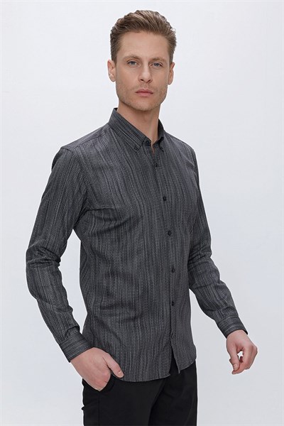 Slim Fit Petek Desenli Yaka Düğmeli %100 Pamuk Siyah Gömlek GK 661