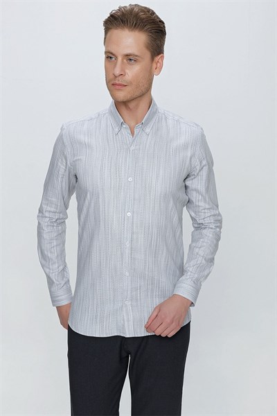 Slim Fit Petek Desenli Yaka Düğmeli %100 Pamuk Beyaz Gömlek GK 661