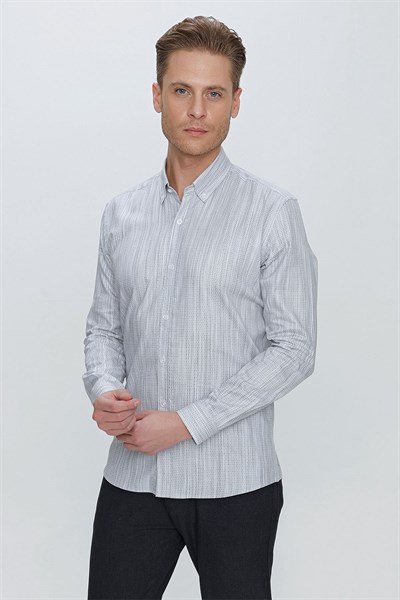 Slim Fit Petek Desenli Yaka Düğmeli %100 Pamuk Beyaz Gömlek GK 661