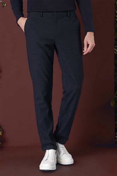 Slim Fit Pileli Beli Lastikli Pötikareli Esnek Pamuk Lacivert Pantolon P 1141