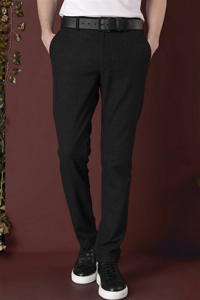 Slim Fit Pileli Beli Lastikli Pötikareli Esnek Pamuk Siyah Pantolon P 1141