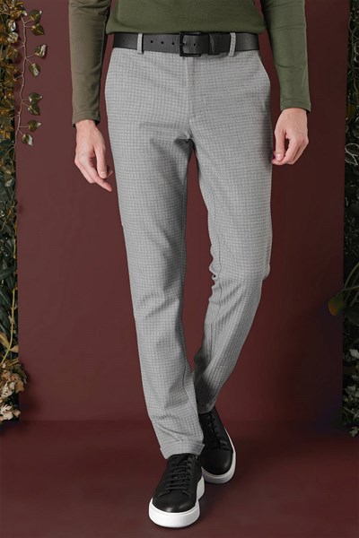 Slim Fit Pileli Beli Lastikli Pötikareli Esnek Pamuk Gri Pantolon P 1141