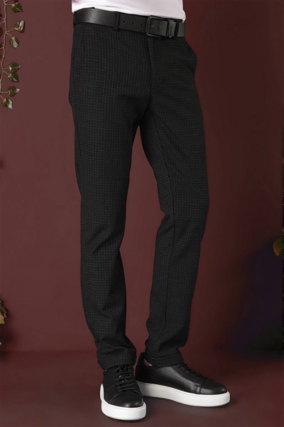 Slim Fit Pileli Beli Lastikli Pötikareli Esnek Pamuk Siyah Pantolon P 1141
