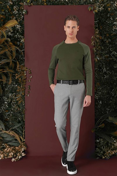 Slim Fit Pileli Beli Lastikli Pötikareli Esnek Pamuk Gri Pantolon P 1141