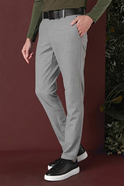 Slim Fit Pileli Beli Lastikli Pötikareli Esnek Pamuk Gri Pantolon P 1141