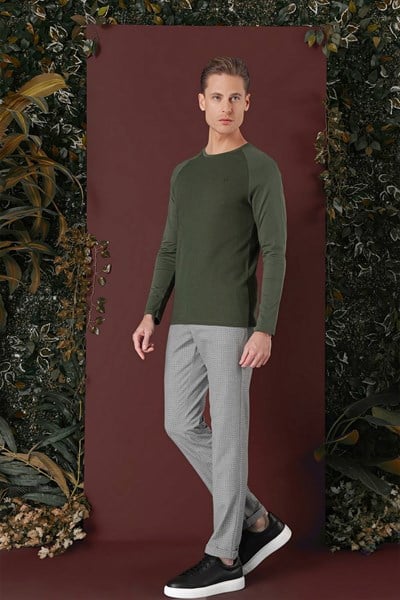 Slim Fit Pileli Beli Lastikli Pötikareli Esnek Pamuk Gri Pantolon P 1141