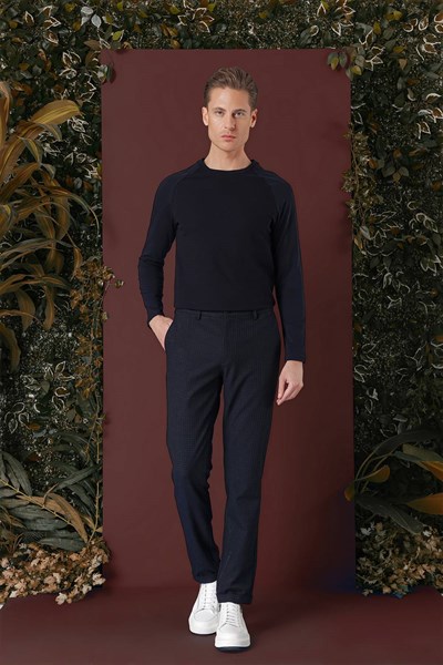 Slim Fit Pileli Beli Lastikli Pötikareli Esnek Pamuk Lacivert Pantolon P 1141