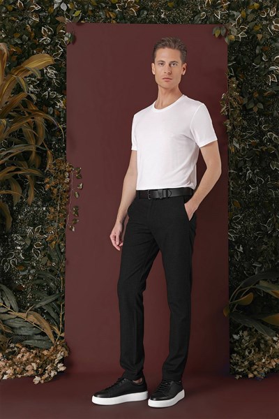 Slim Fit Pileli Beli Lastikli Pötikareli Esnek Pamuk Siyah Pantolon P 1141