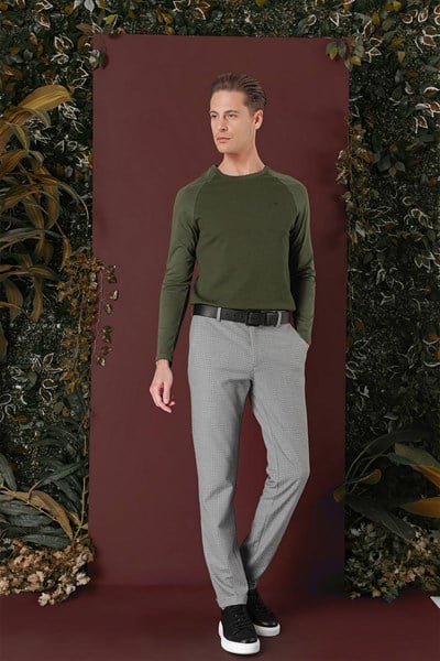 Slim Fit Pileli Beli Lastikli Pötikareli Esnek Pamuk Gri Pantolon P 1141