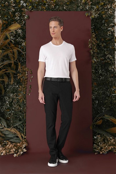 Slim Fit Pileli Beli Lastikli Pötikareli Esnek Pamuk Siyah Pantolon P 1141