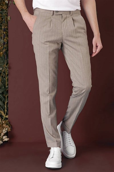 Slim Fit Pileli Esnek Yünlü Çizgili Bej Kumaş Pantolon P 1133