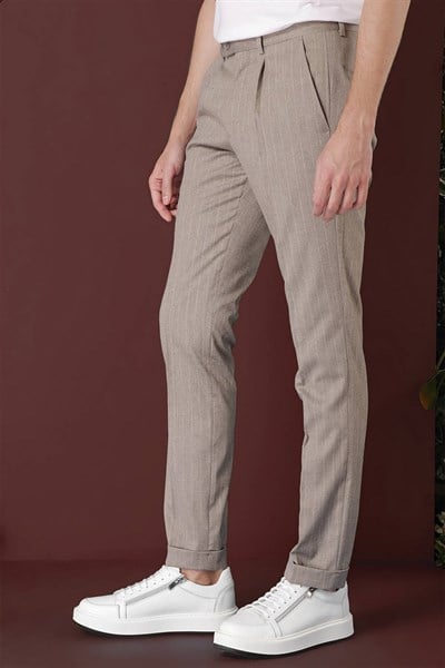 Slim Fit Pileli Esnek Yünlü Çizgili Bej Kumaş Pantolon P 1133