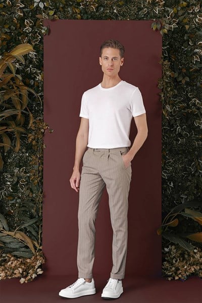 Slim Fit Pileli Esnek Yünlü Çizgili Bej Kumaş Pantolon P 1133